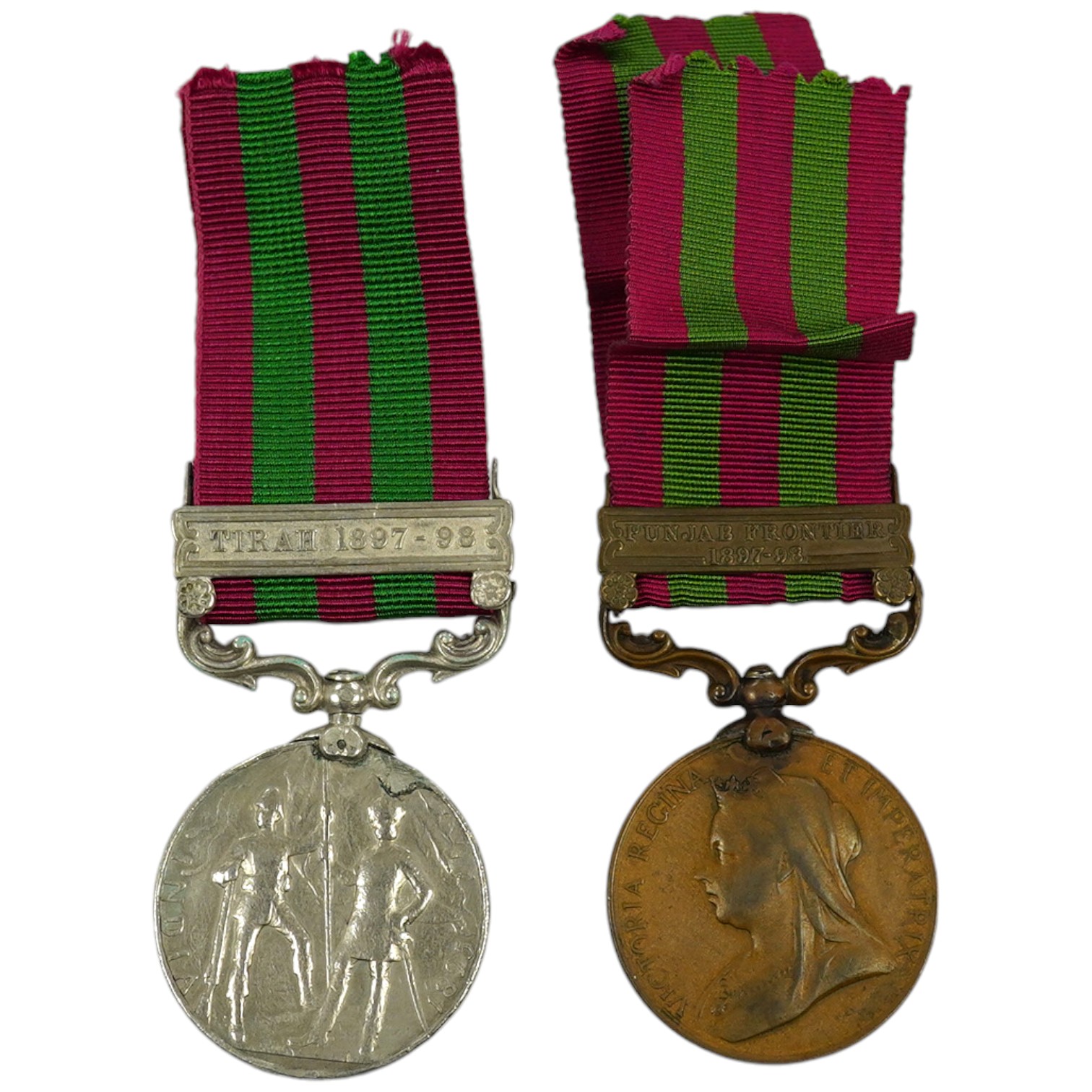 Two India Medals; one with Tirah 1897-98 clasp, naming worn/erased, the other in bronze with Punjab Frontier 1897-98 clasp to ...Transport Dept